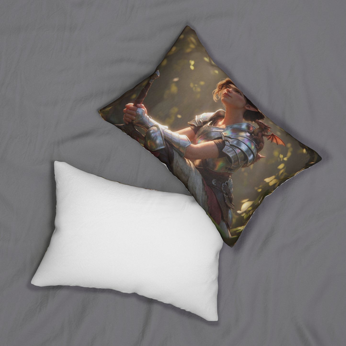 Elven Sentinel with Dragon Companion Spun Polyester Lumbar Pillow – Sunlit Forest Pause
