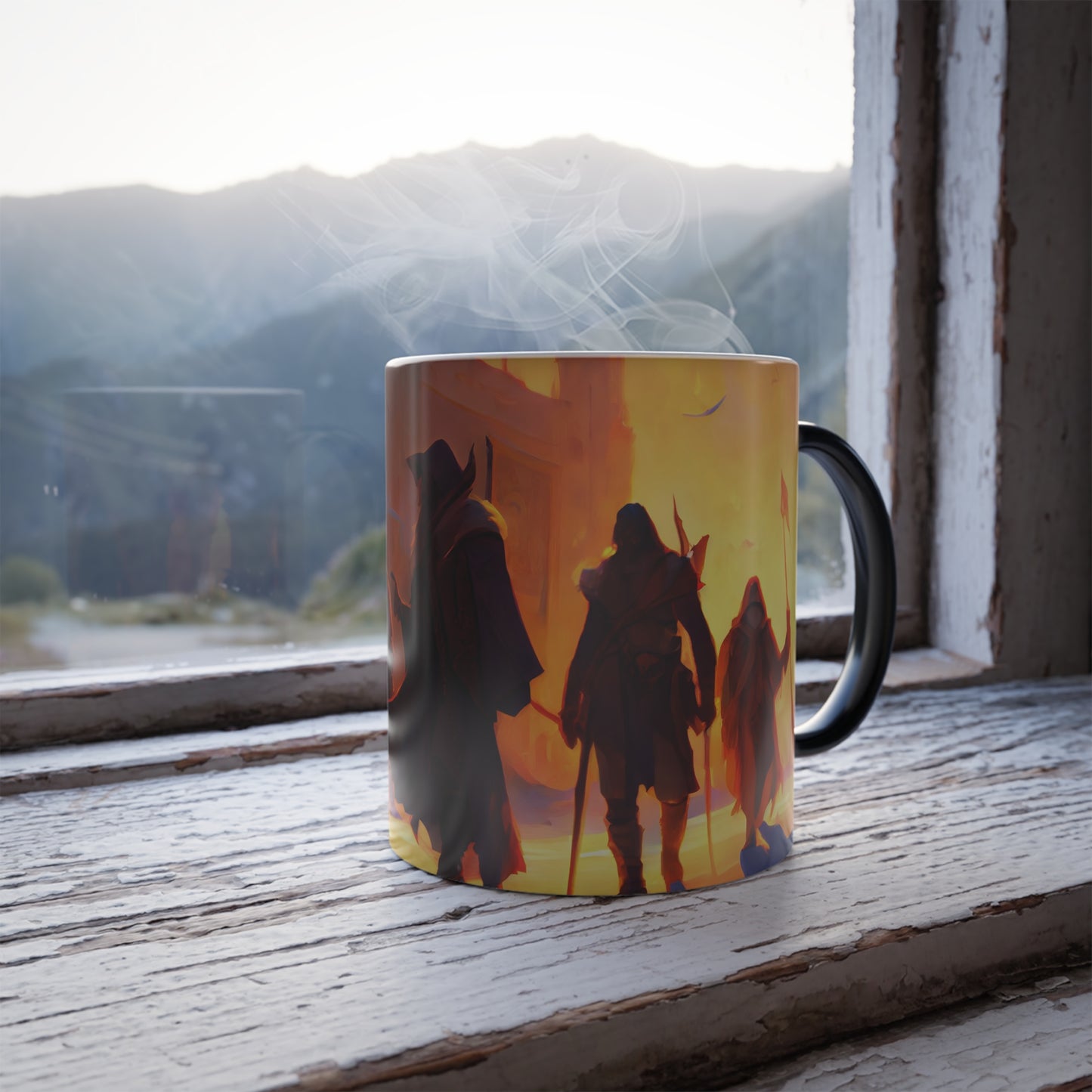 a dnd adventuring party traveling, temple to the gods of despair at golden hour, Uzbekistan wilderness, winter atmosphere, five figures, fantasy heroes - Color Morphing Mug, 11oz