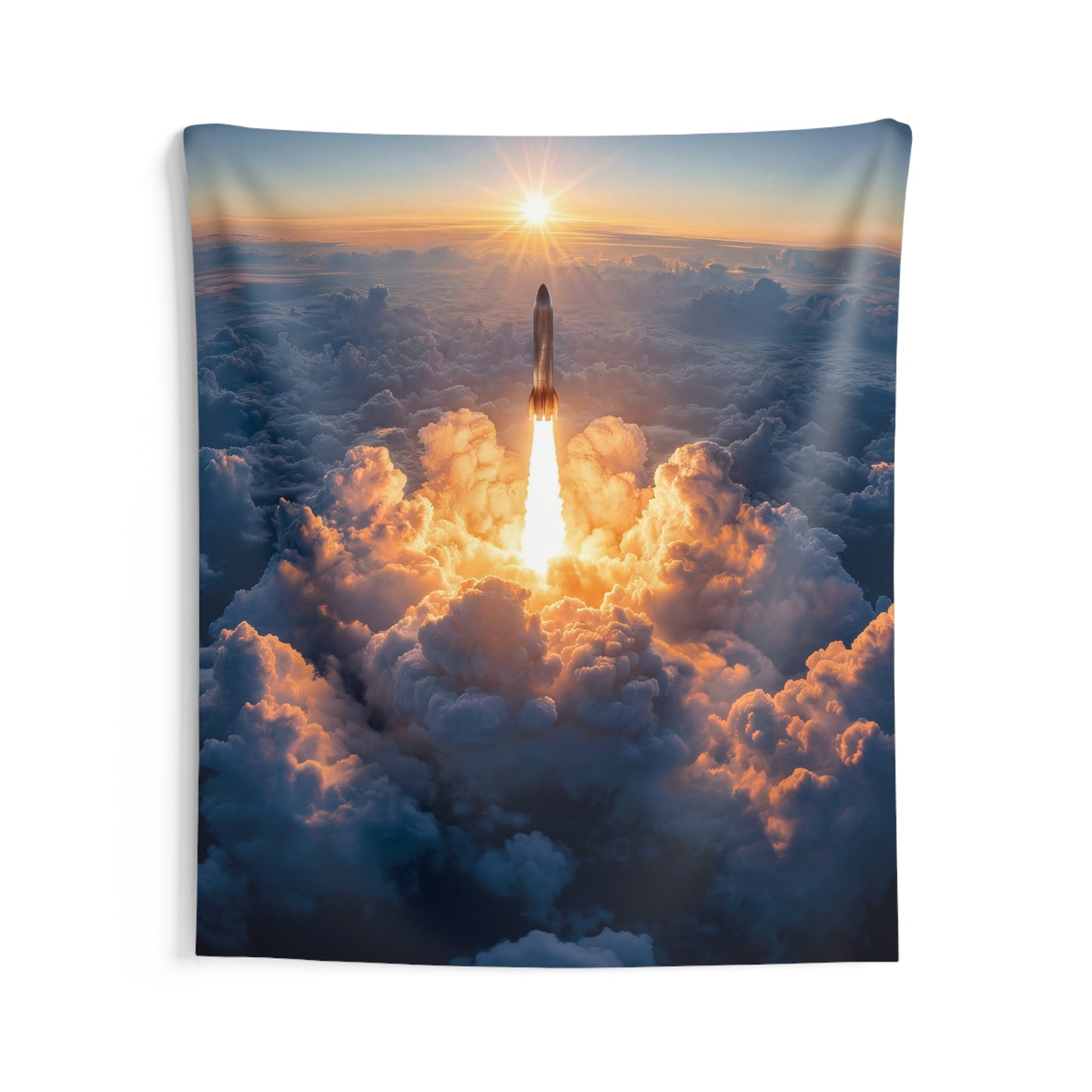 Sunburst Rocket Launch Indoor Wall Tapestries – Ascending Through Clouds at Dawn