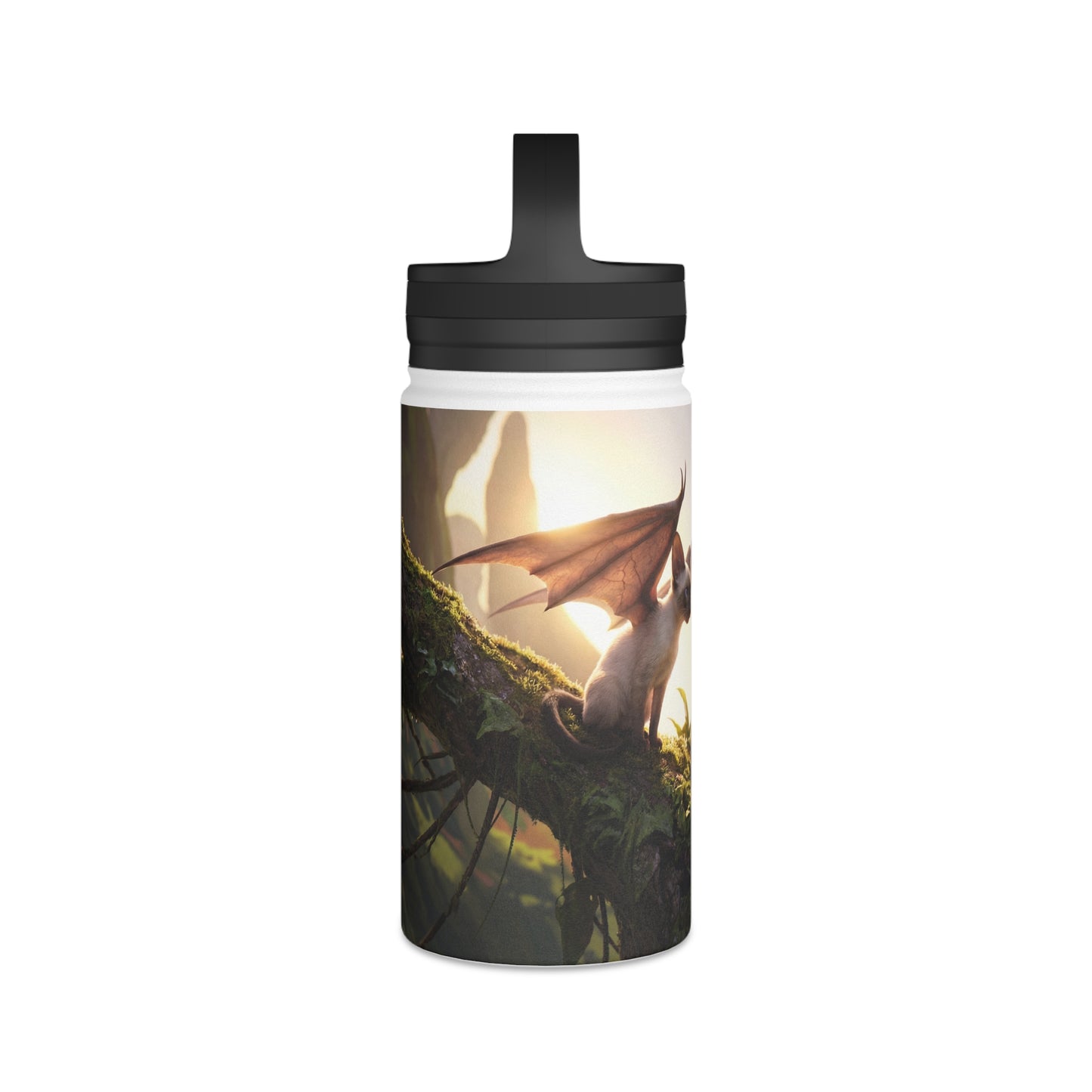 Winged Siamese Kittens Stainless Steel Water Bottle, Handle Lid – Morning Light in the Ancient Grove