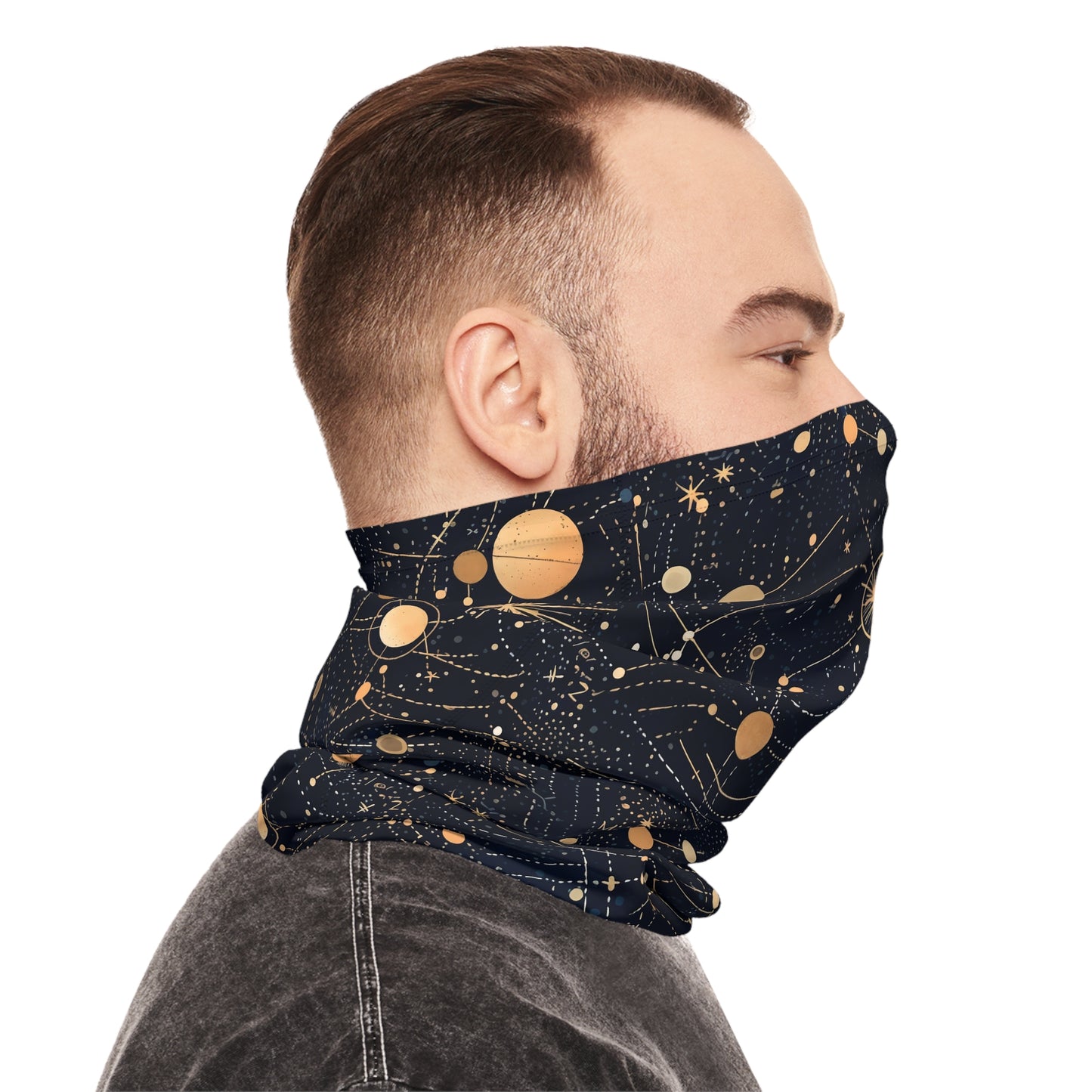 "A detailed star map pattern with constellations interconnected by delicate lines, using a color palette of deep indigo, midnight blue, and accents of silver and gold." - Lightweight Neck Gaiter