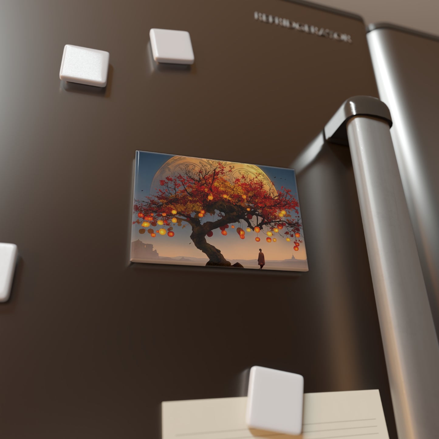 Lantern Tree Under Celestial Moon Button Magnet, Rectangle (1 & 10 pcs) – Autumn’s Quiet Revelation