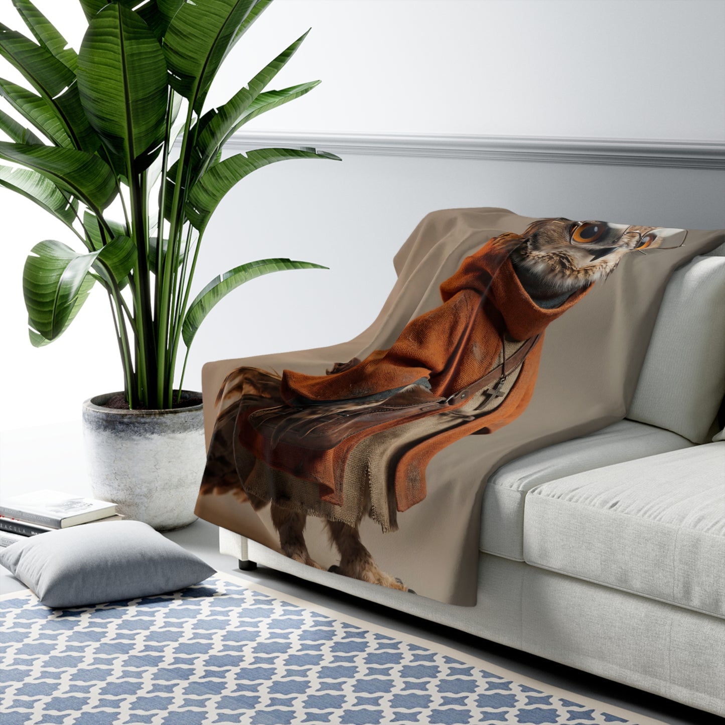 Goggles-Swelled Owl Traveler Sherpa Fleece Blanket – Rust Robe and Leather Satchel Portrait