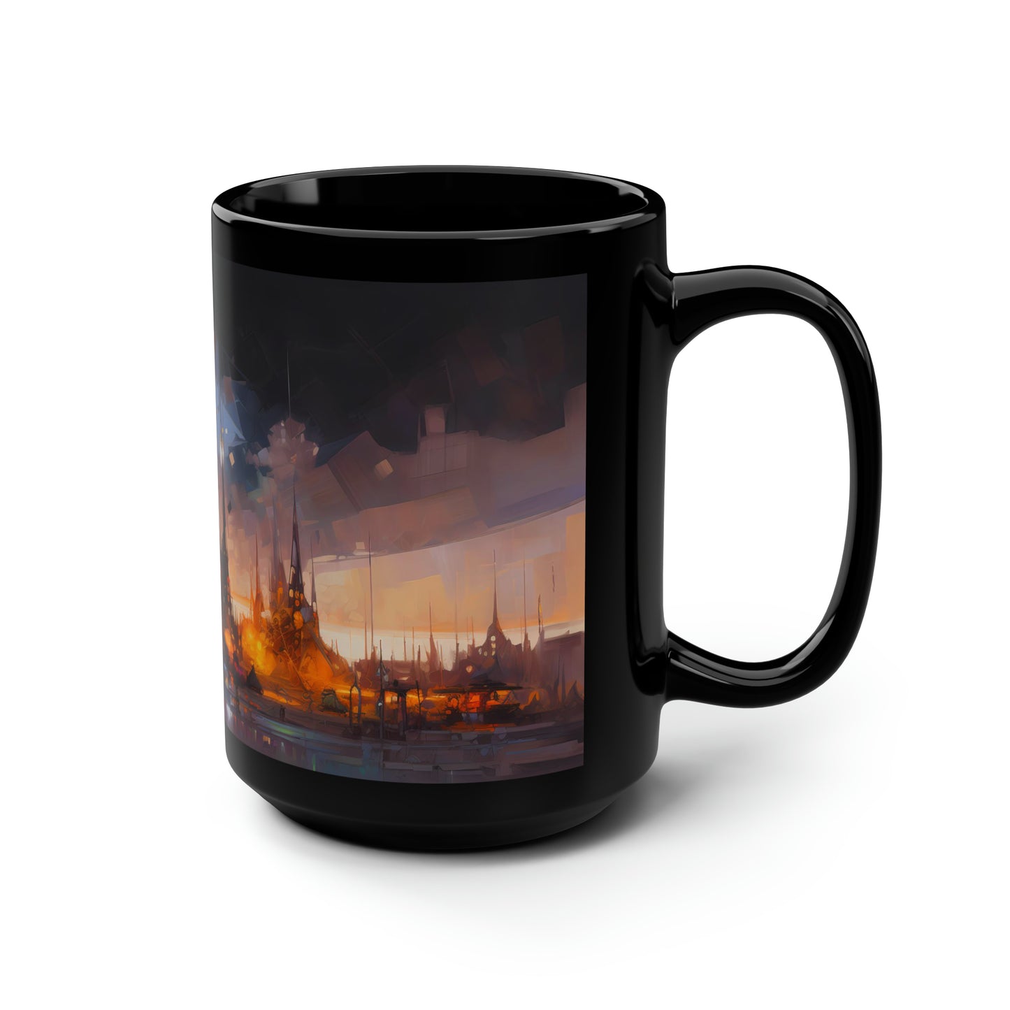 Oil painting of a captivating nocturnal landscape at Burning Man, featuring grand and imaginative art installations - Mug, Black