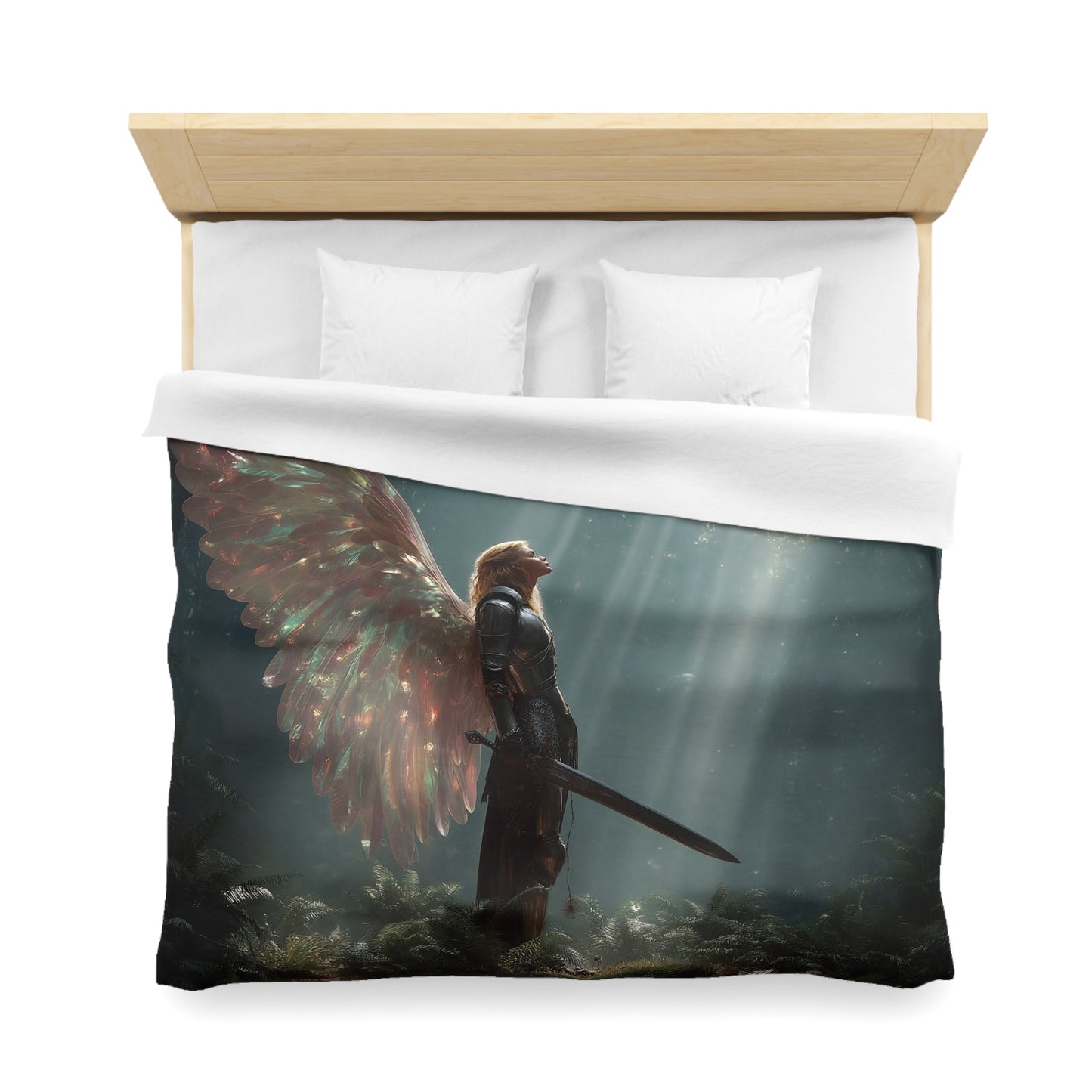 Winged Sentinel Microfiber Duvet Cover – Sunbeam Sanctuary in the Ancient Grove