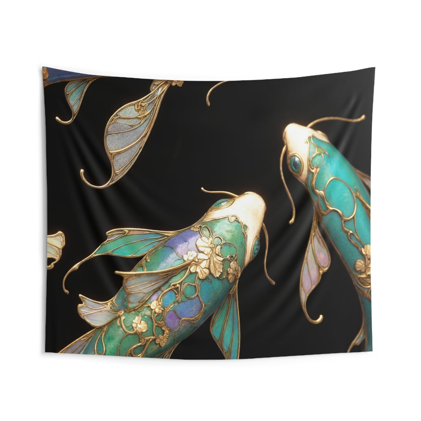 Art Nouveau Koi Indoor Wall Tapestries – Luminous Azure and Emerald Whispers
