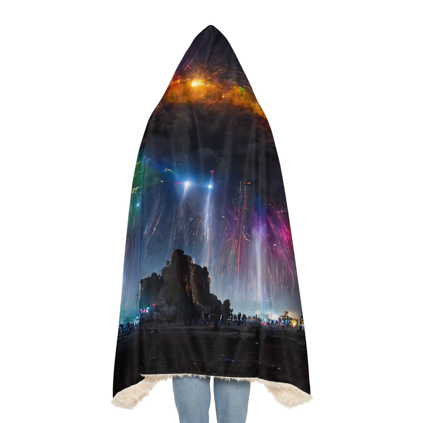 giant rainbow fireworks exploding in the sky, black rock city in the background, lasers and lights illuminating dust, last star in an early morning sky, crowds of people dancing below, award-winning photo, photographic realism - Snuggle Blanket