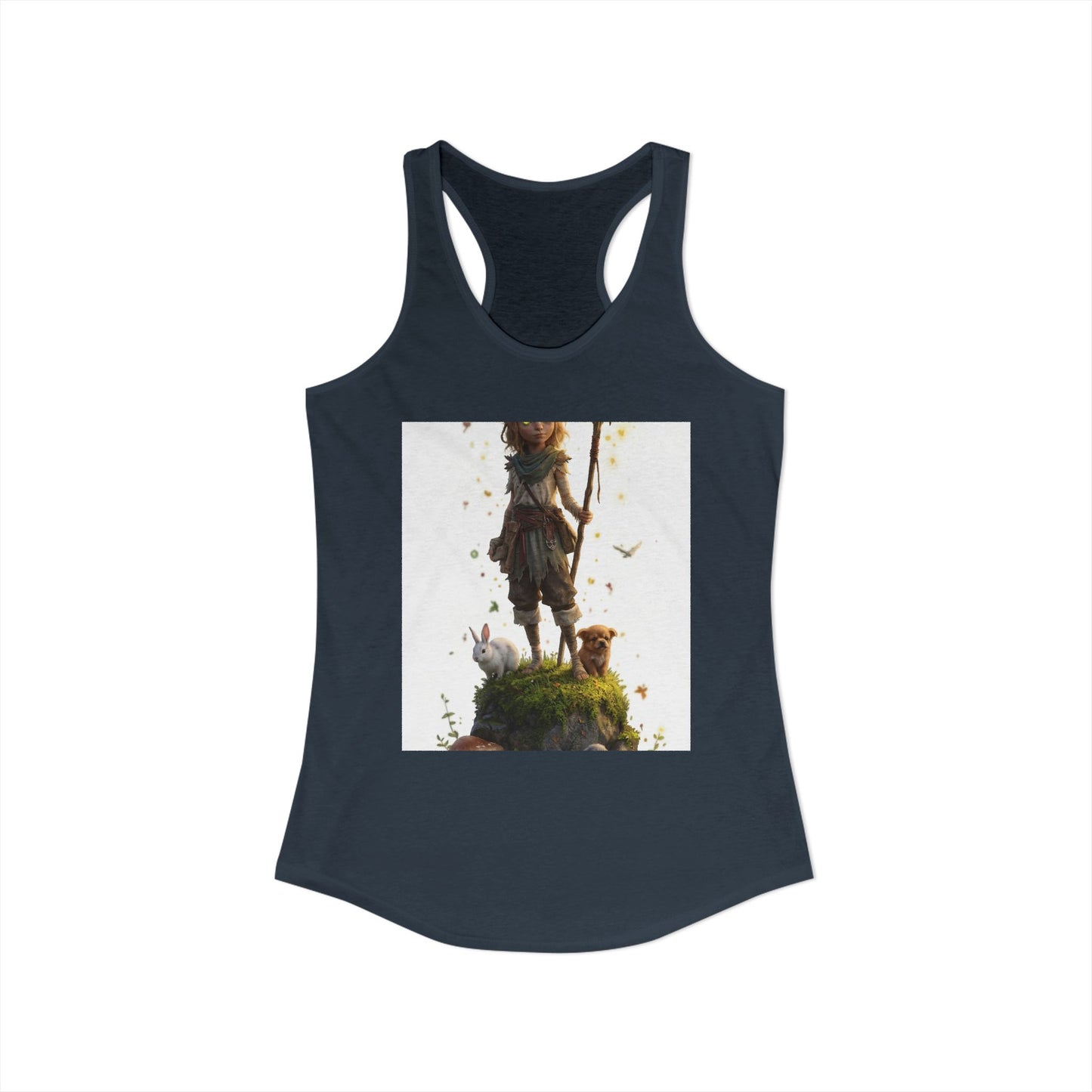 Antlered Guardian Women's Ideal Racerback Tank – Mossy Rock Forest Sentinel