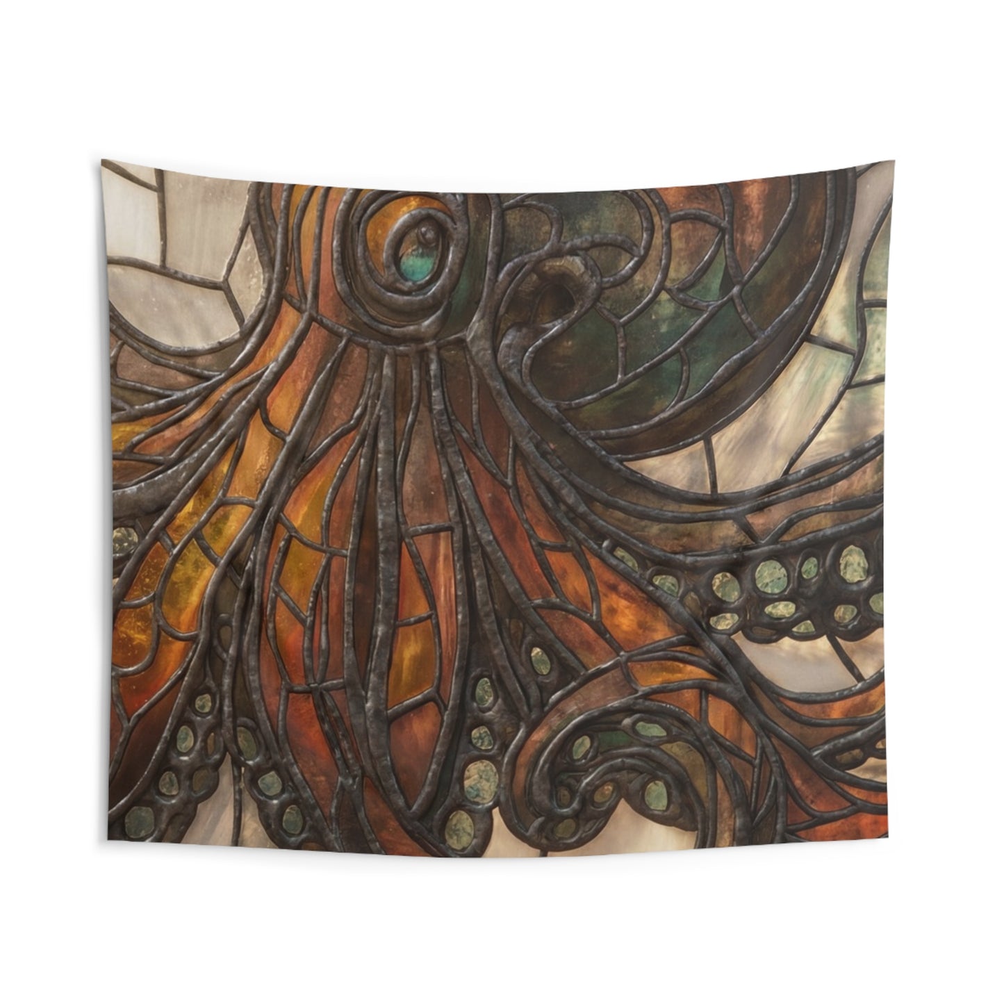 Stained Glass Octopus Wall Tapestry – Amber Tide Guardian