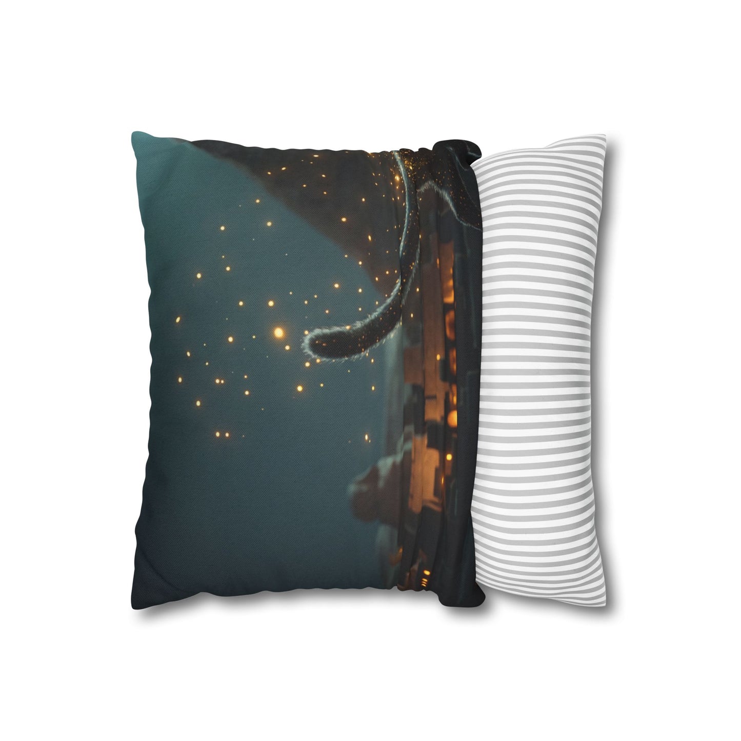Starlit Cat by Pyramids Spun Polyester Square Pillowcase – Ancient Nightwalk Dreamscape