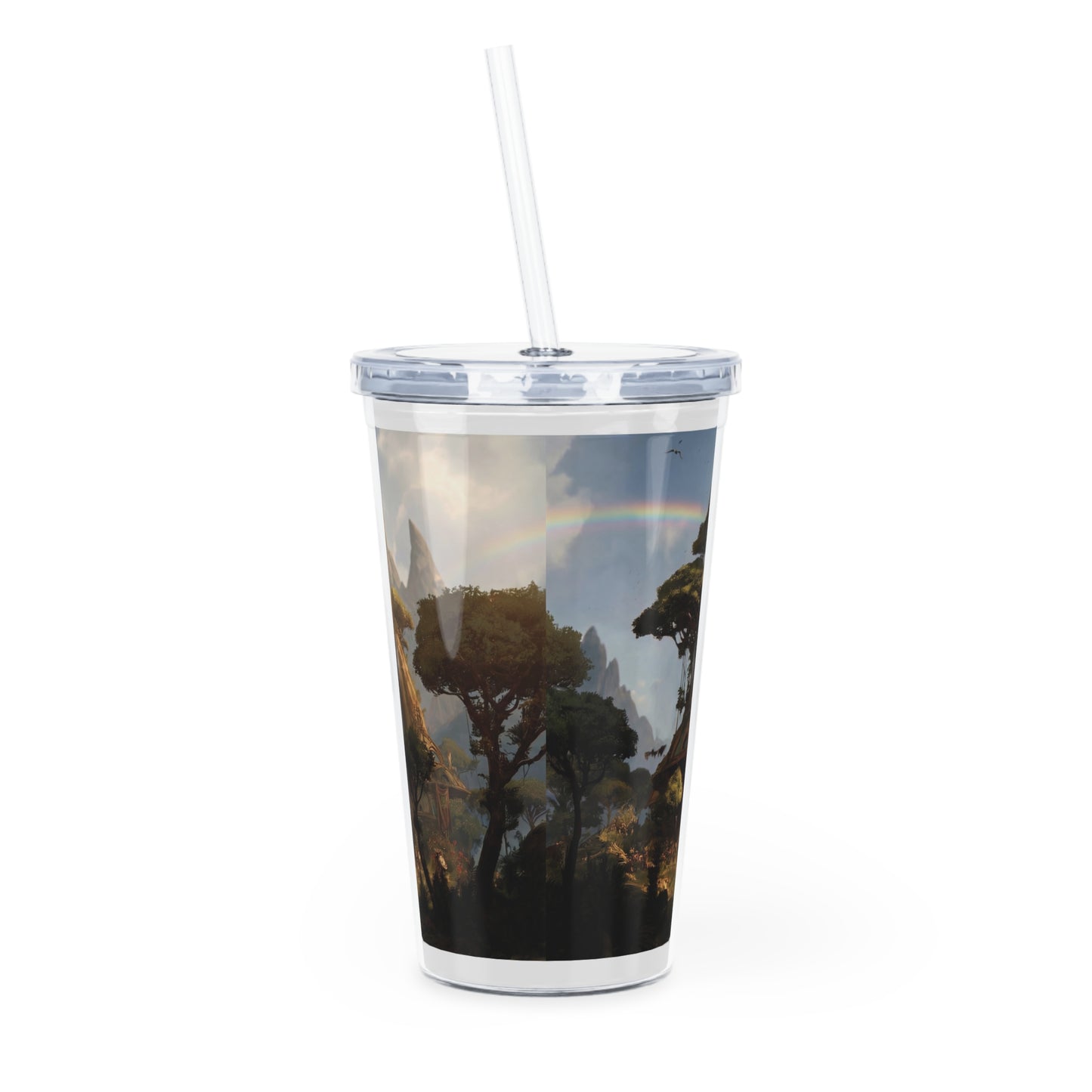 Arcane Treebridge Tumbler with Straw – Where Legends Gather Beneath Twin Rainbows