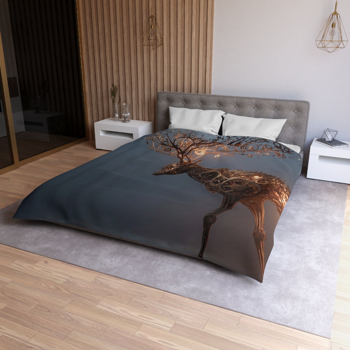 Clockwork Stag Microfiber Duvet Cover – Luminescent Forest Guardian