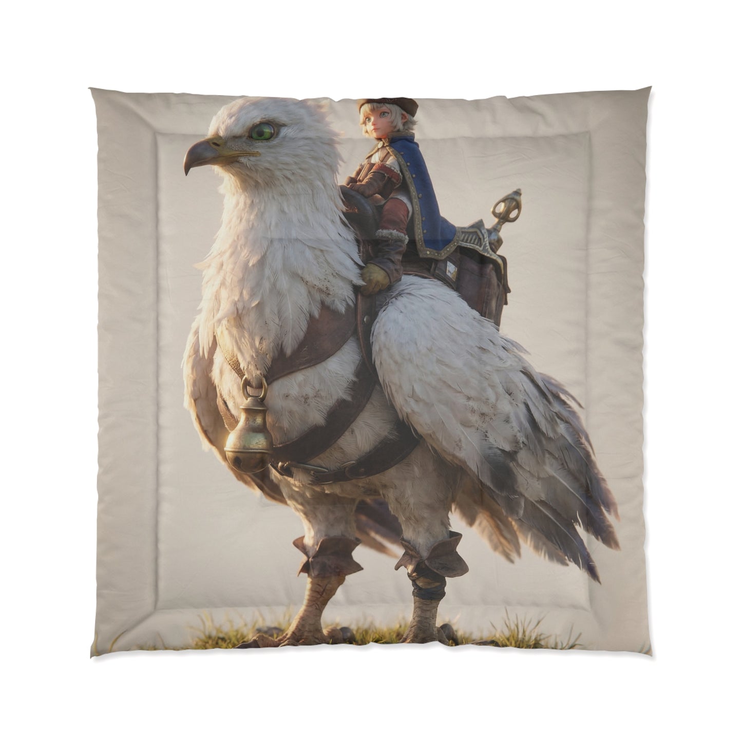 Young Rider on White Hawk Comforter – Sunset Skyward Companion
