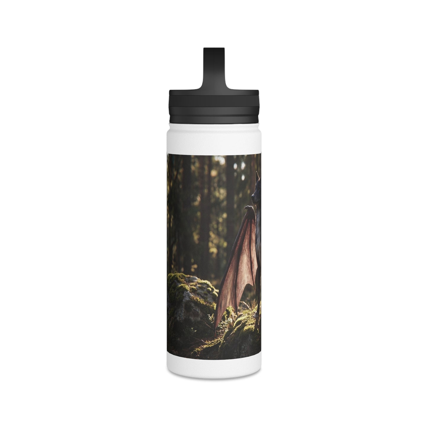 Winged Wolf in Sunlit Forest Stainless Steel Water Bottle, Handle Lid – Guardian of the Mossy Glade