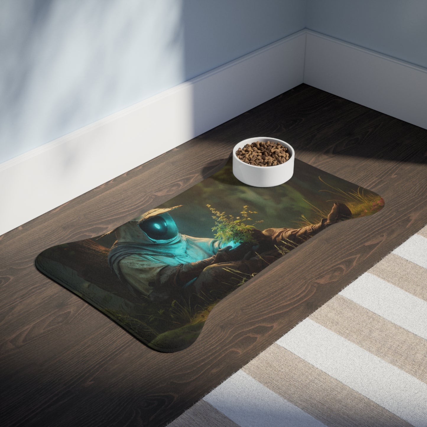 Forest Sentinel Pet Feeding Mats – Azure Glow Guardian in Mossy Grove