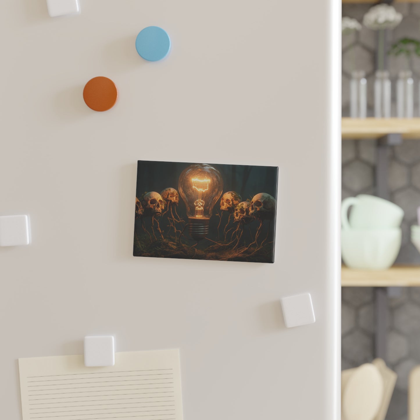 Glowing Bulb Among Skulls Button Magnet, Rectangle (1 & 10 pcs) – Illuminated Wisdom in the Whispering Woods