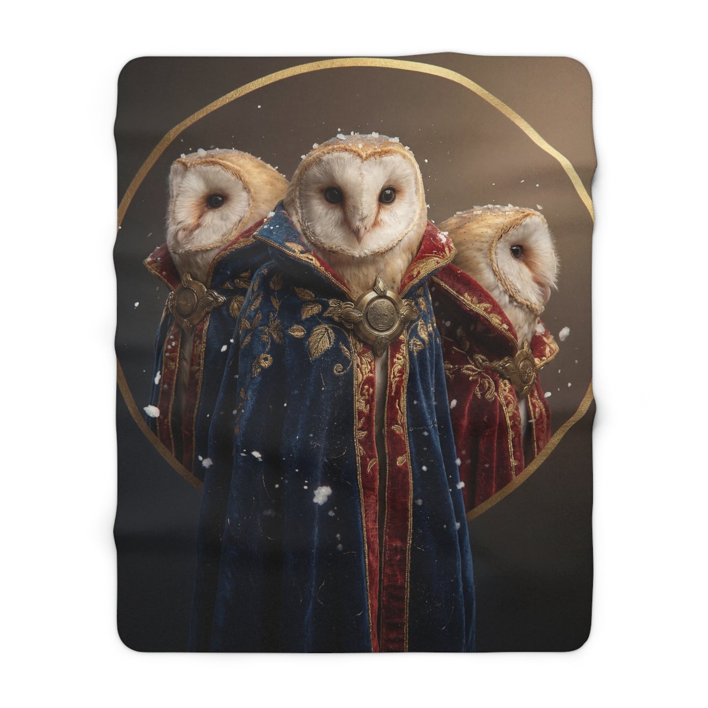 Three Owls in Regal Cloaks Sherpa Fleece Blanket – Winter Courtly Whispers
