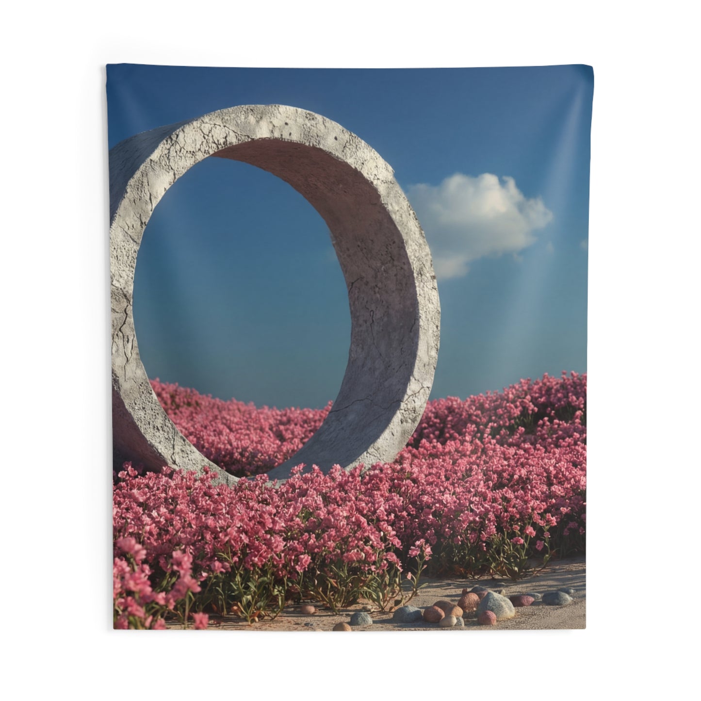 Stone Circle in Pink Bloom Field – Ethereal Gateway Wall Tapestry
