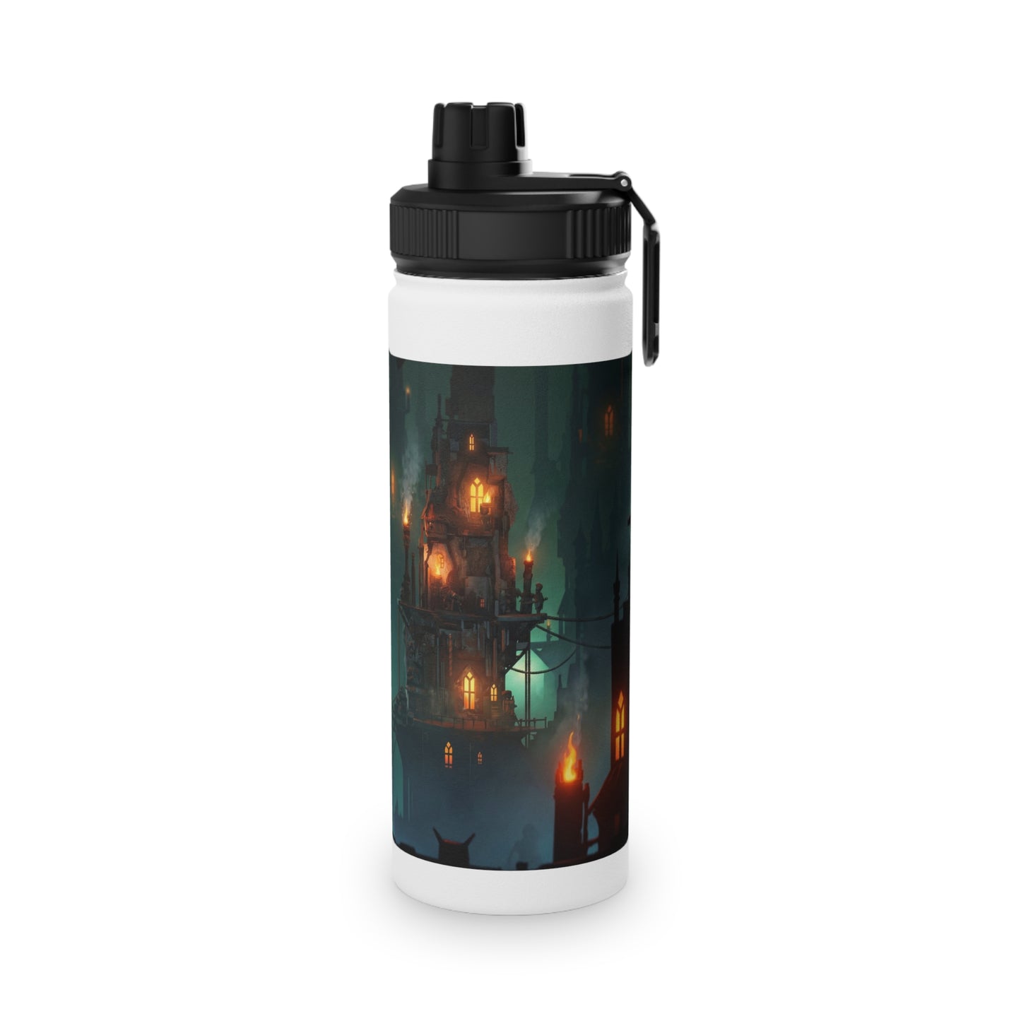 Floating City at Dusk Stainless Steel Water Bottle, Sports Lid – Amber Lights in the Mist
