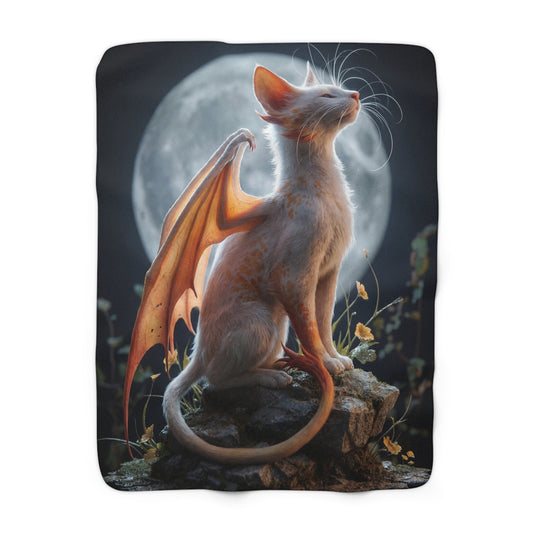 Moonlit Dragon Cat Sherpa Fleece Blanket – Crescent Guardian Dreamscape