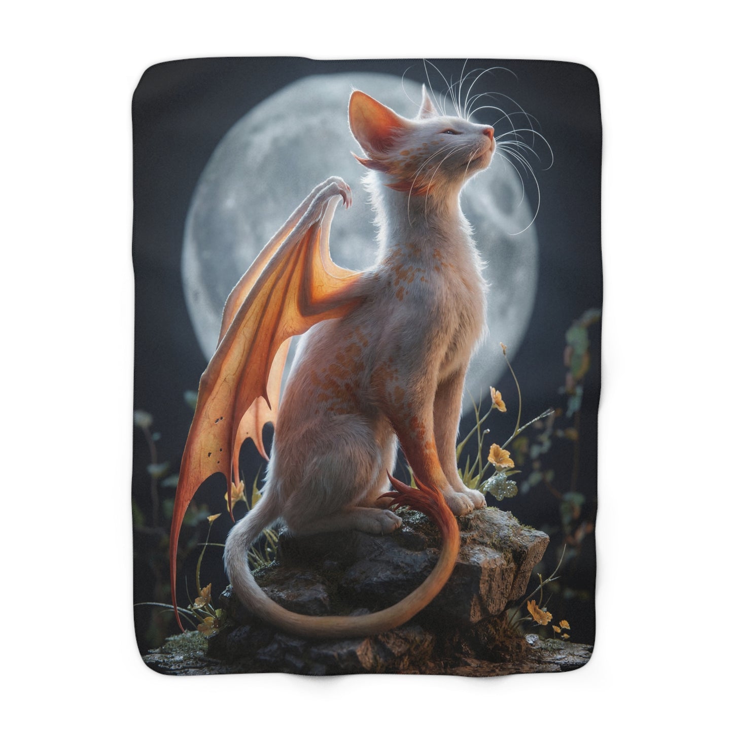 Lunar Dragon Cat Sherpa Fleece Blanket – Whispering Moonlit Guardian