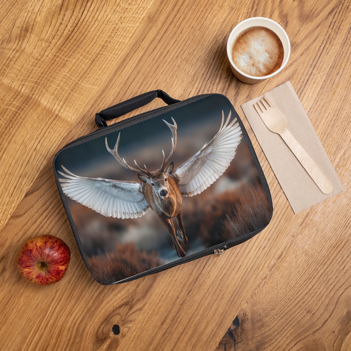 Winged Stag Lunch Bag – Graceful Leap Through Golden Moorland