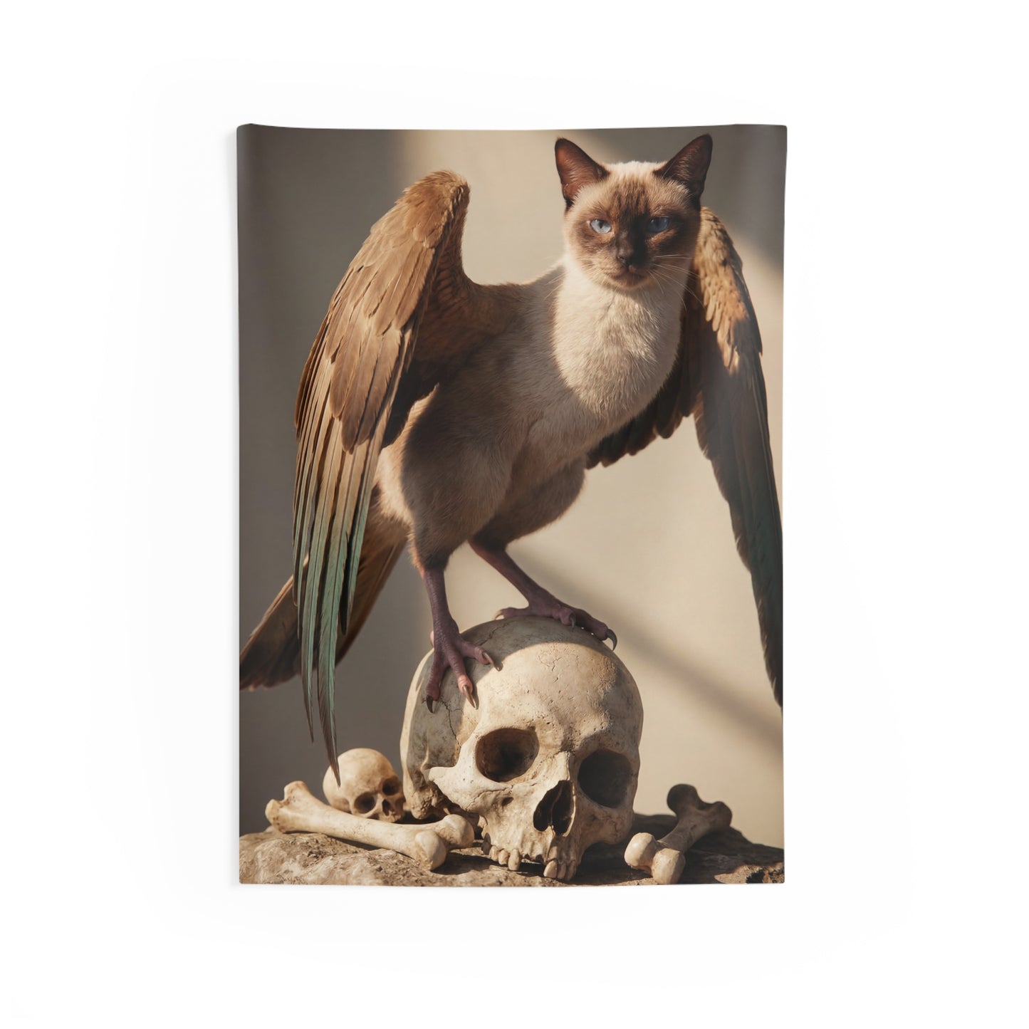 Winged Siamese Cat Wall Tapestry – Sunlit Guardian of Bone