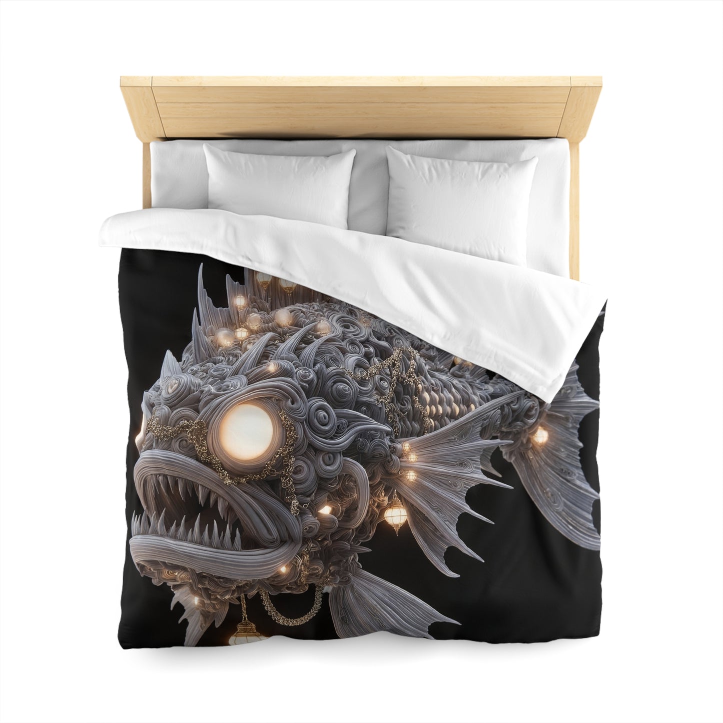 Lantern-Filled Deep-Sea Sentinel Microfiber Duvet Cover – Bioluminescent Abyss Dreamscape