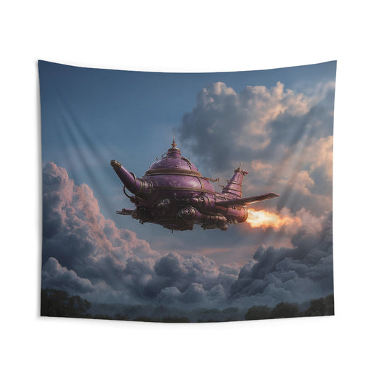 Purple Teapot Airship Indoor Wall Tapestries – Steam-Powered Sky Odyssey