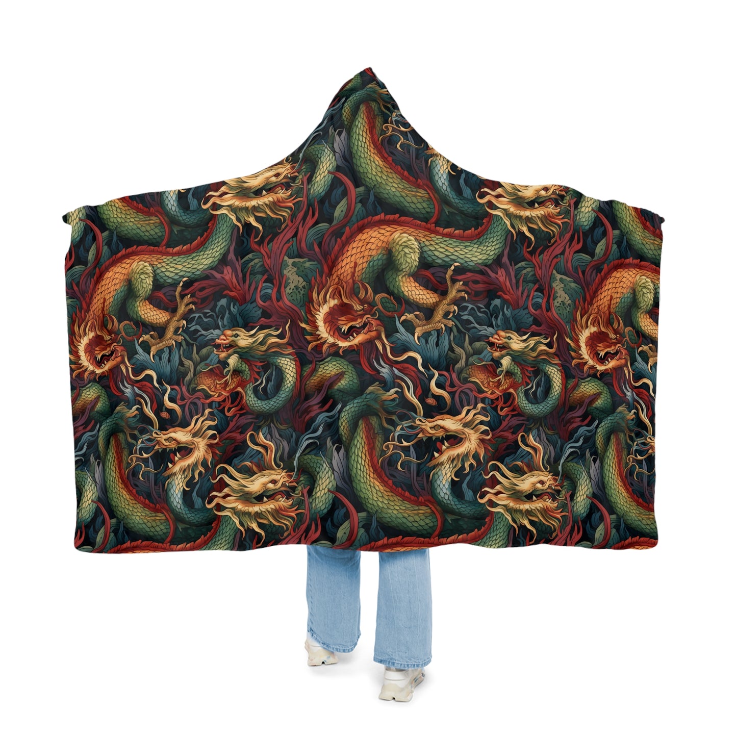 "A detailed pattern of mythical fire creatures, such as dragons, salamanders, and firebirds, depicted in a rich tapestry of garnet, topaz, and deep jade colors." - Snuggle Blanket