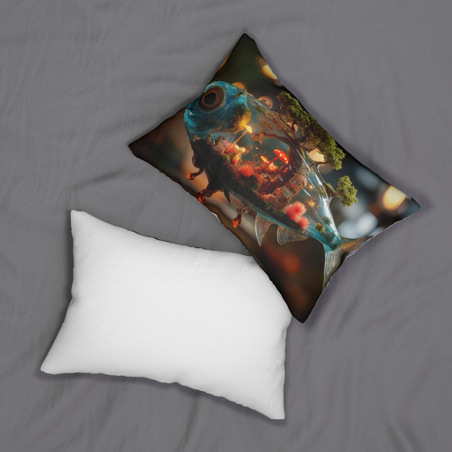 Whispering Forest Fish Lumbar Pillow – Bioluminescent Dreamscape Sanctuary
