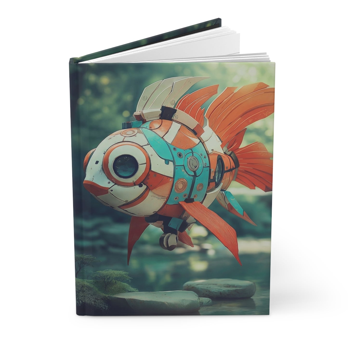 Steampunk Goldfish Hardcover Journal Matte – Mechanical Wonder in Mossy Waters