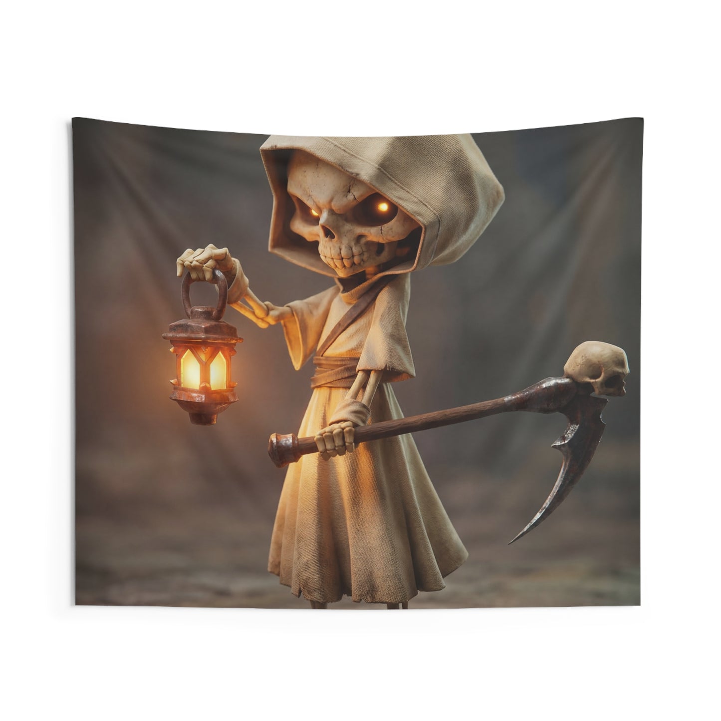 Lantern-Bearing Reaper Indoor Wall Tapestries – Warm Glow Through Twilight Shadows