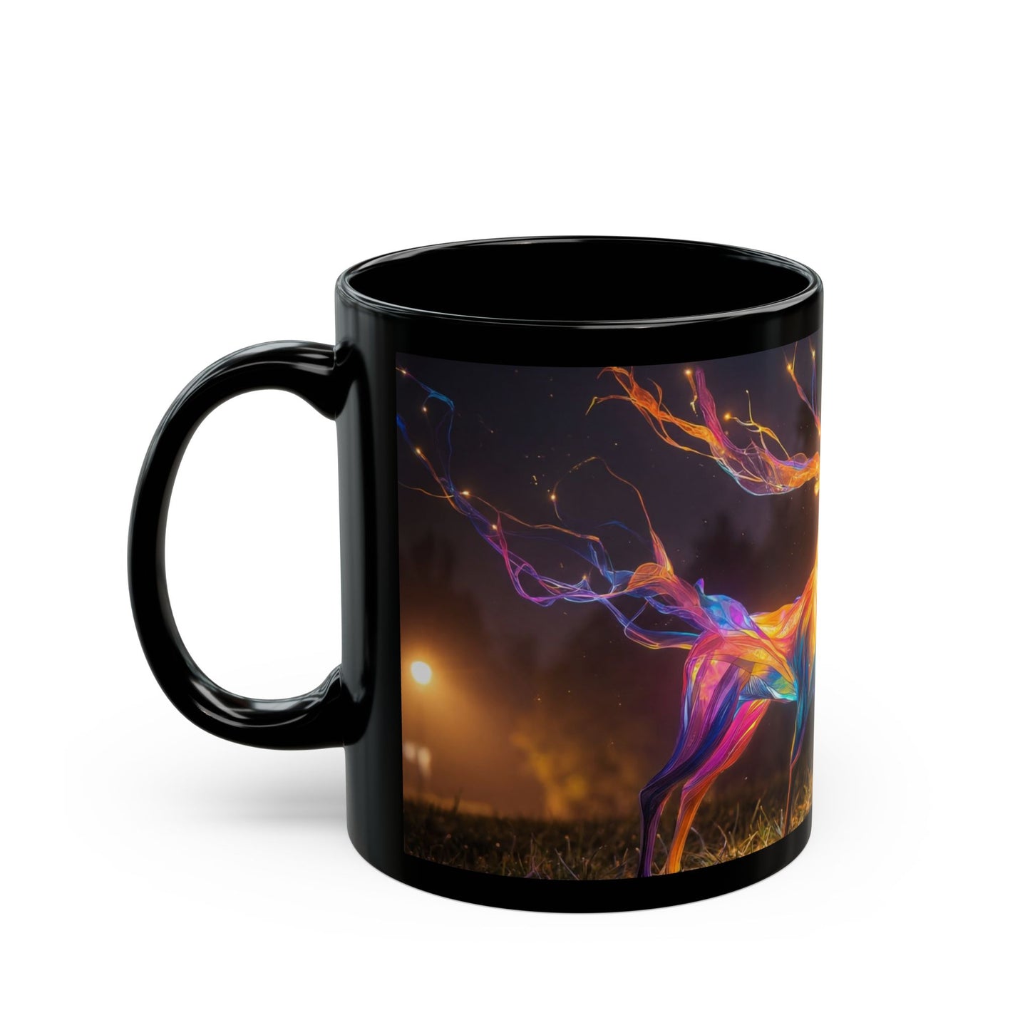 Chromatic Stag Black Mug – Night Meadow Luminescence