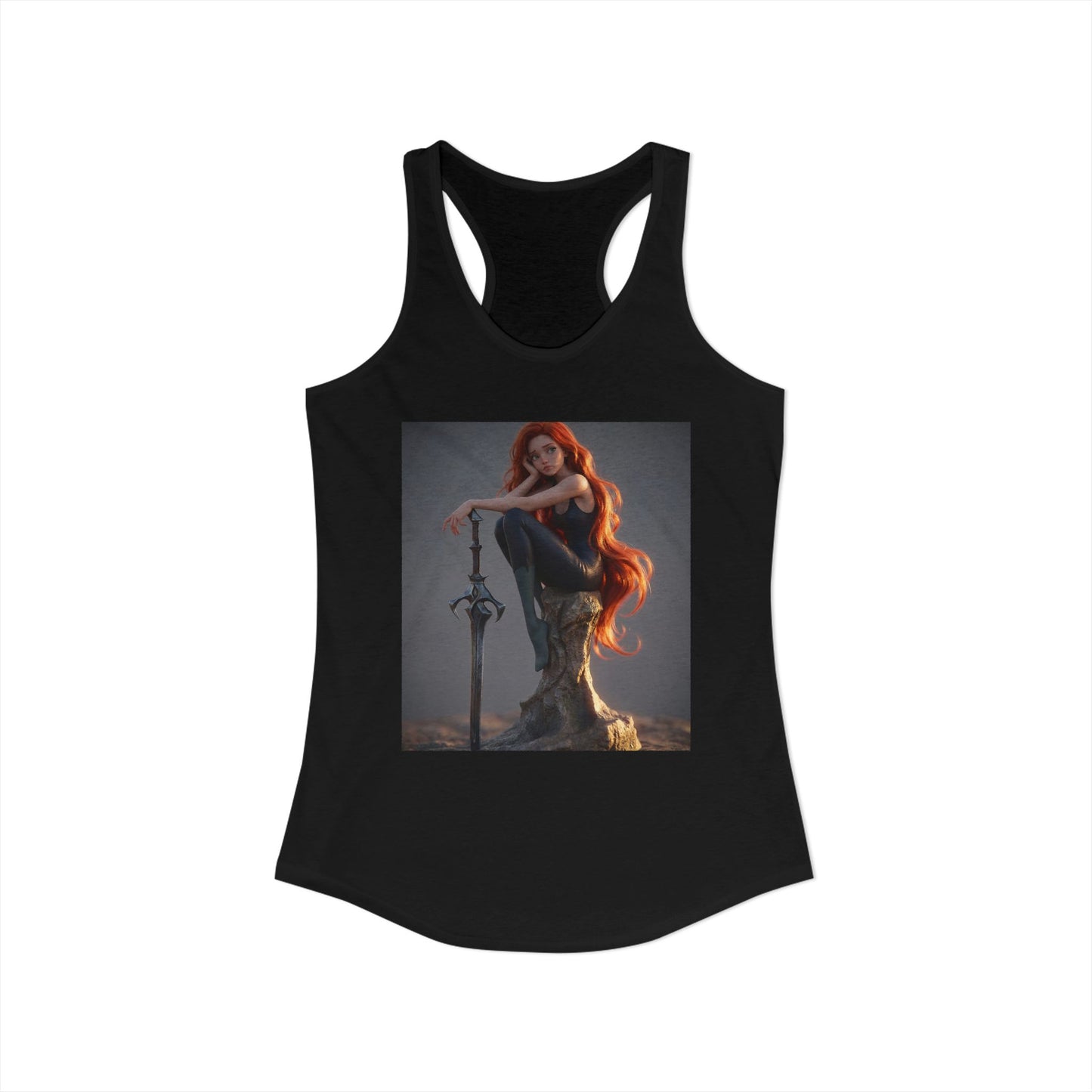 Redhead Sentinel Racerback Tank – Ember-Haired Guardian Resting on Stone