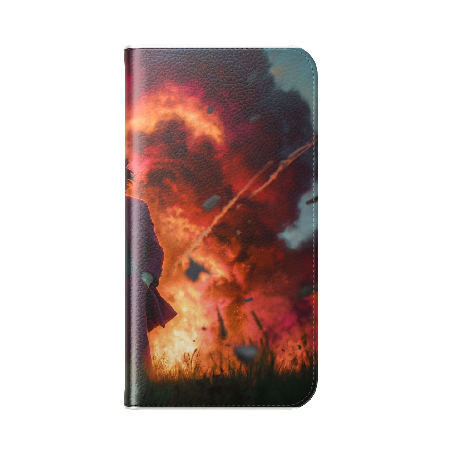 Goggles & Chaos Flip Cases – Purple Suit Amidst Fiery Explosion