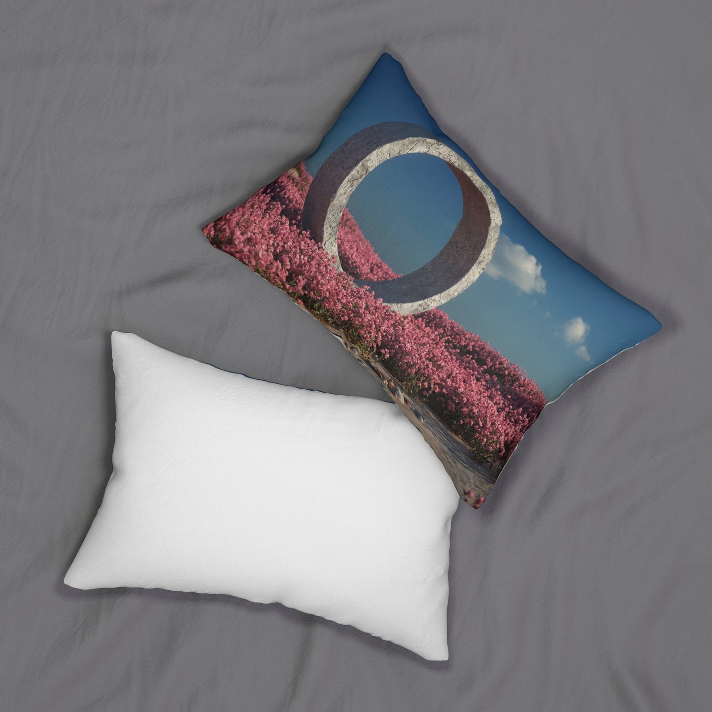 Stone Circle in Pink Bloom Lumbar Pillow – Serene Portal Through Wildflowers