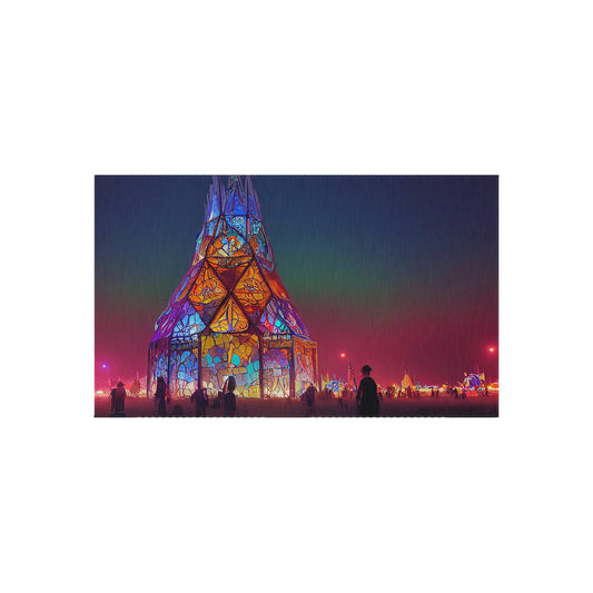 stained glass cathedral at burning man at night - Outdoor Rug