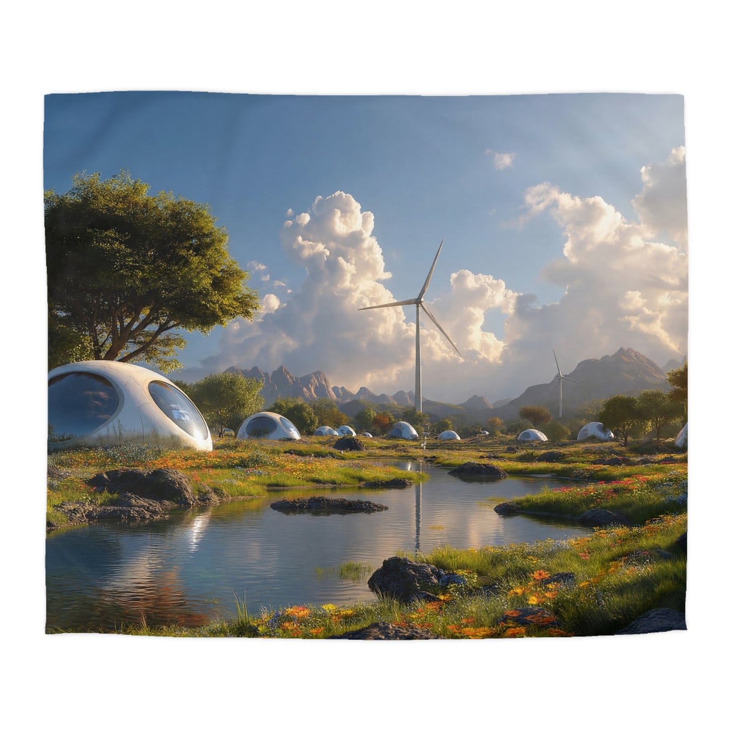 Futuristic Dome Village Microfiber Duvet Cover – Sunrise Over Green Energy Dreams
