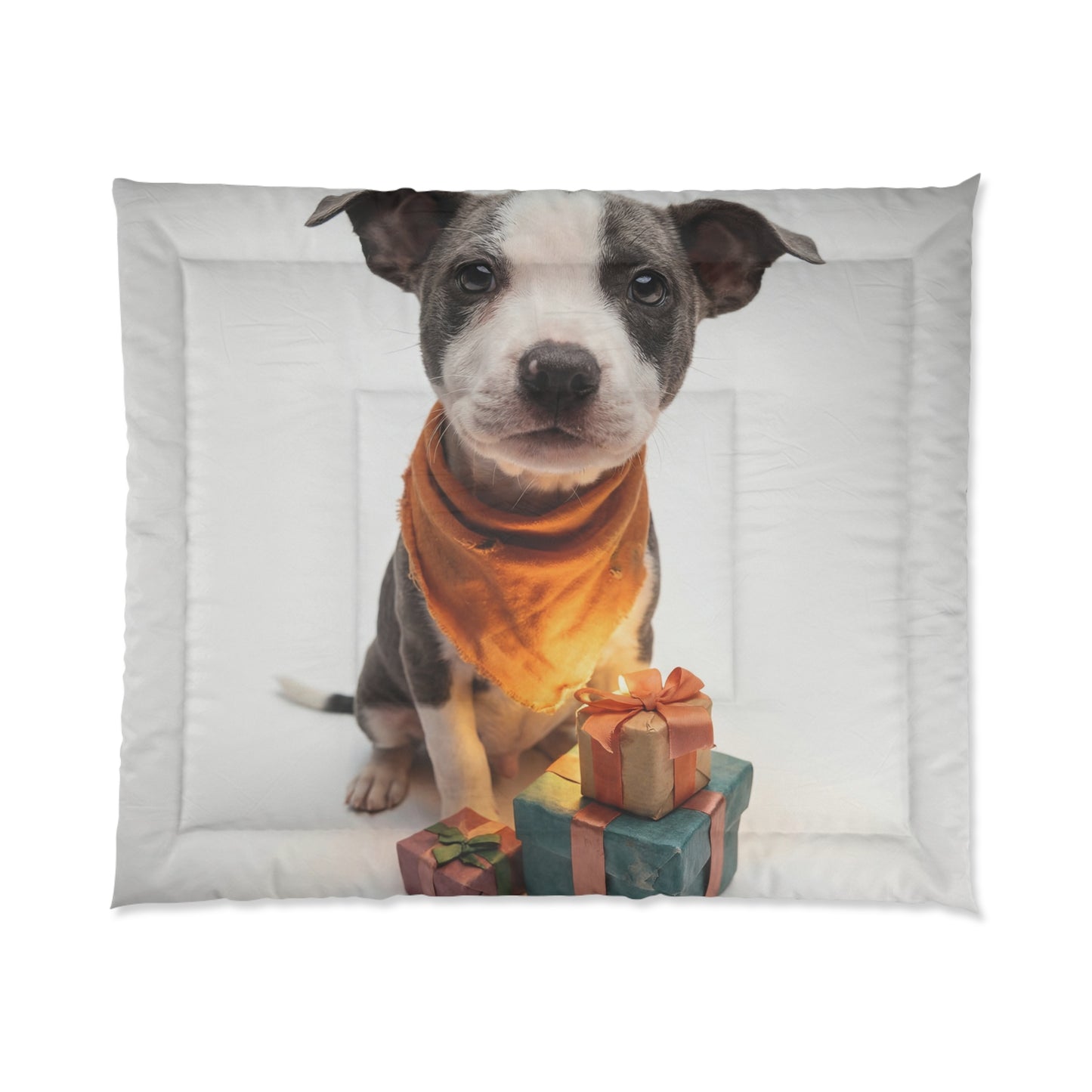 Gift-Wrapped Puppy Comforter – Warm Ember Whiskers & Crisp Paper Dreams