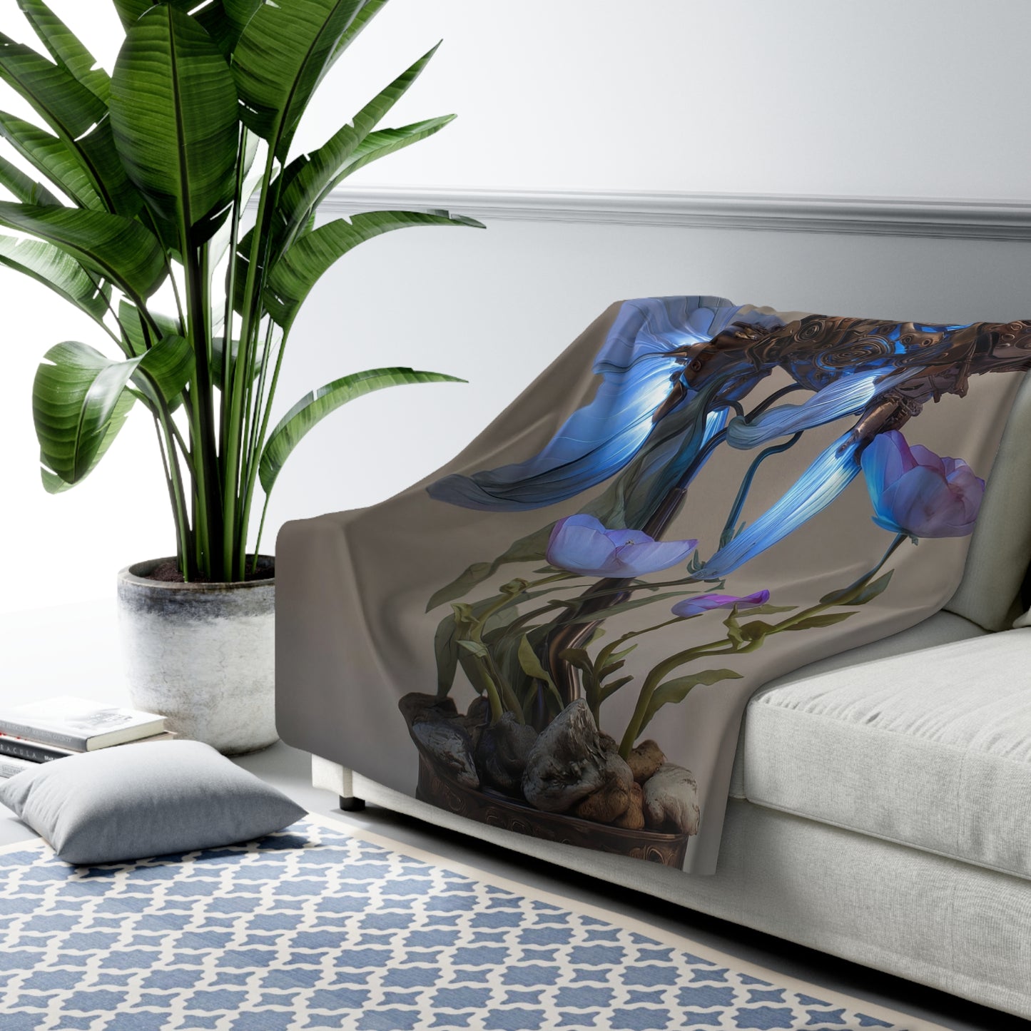 Clockwork Koi Sherpa Fleece Blanket – Brass Gears and Luminous Blue Fin