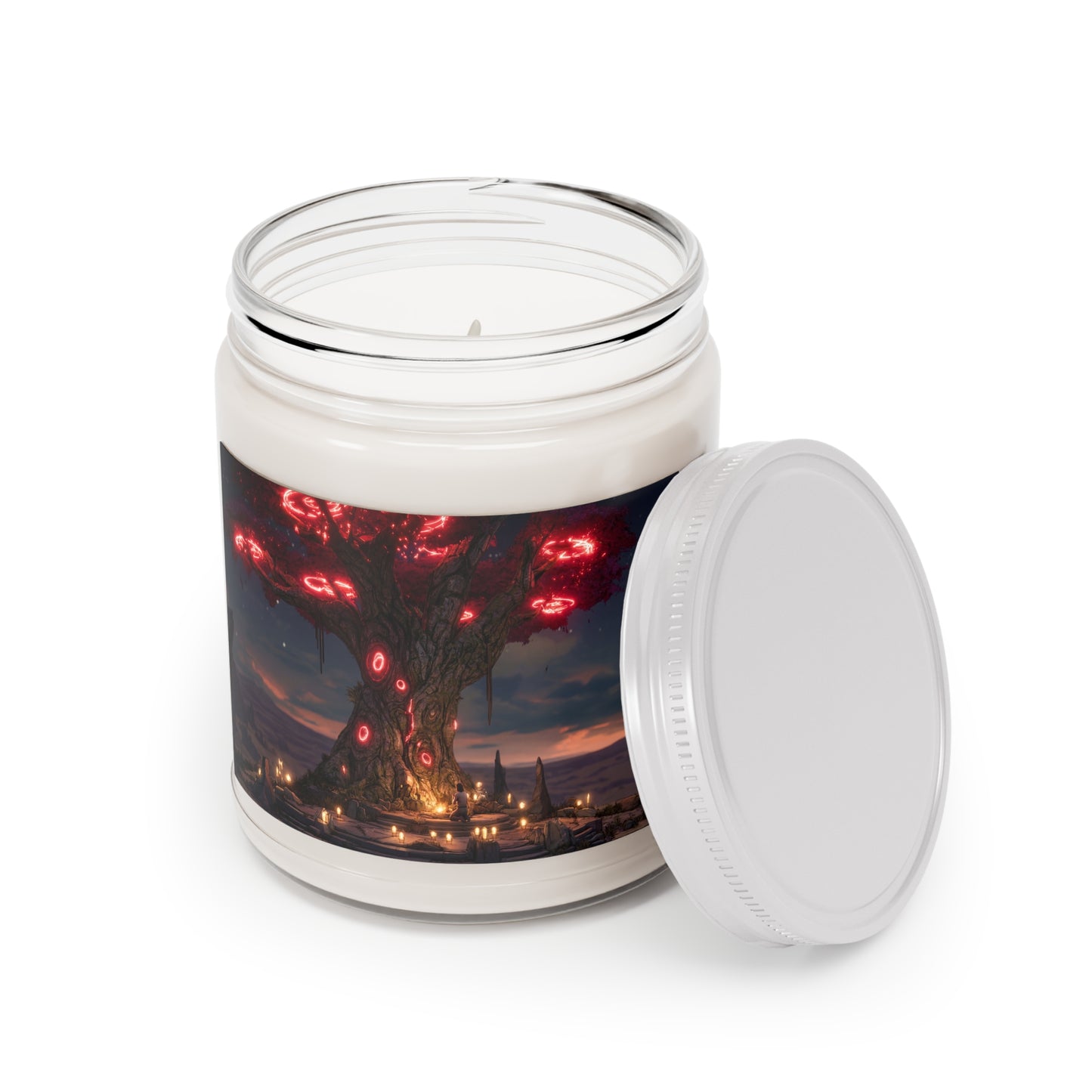 Crimson Oracle Tree Scented Soy Candles with White Lid, 9oz – Ritual Glow Under Starlit Canopy