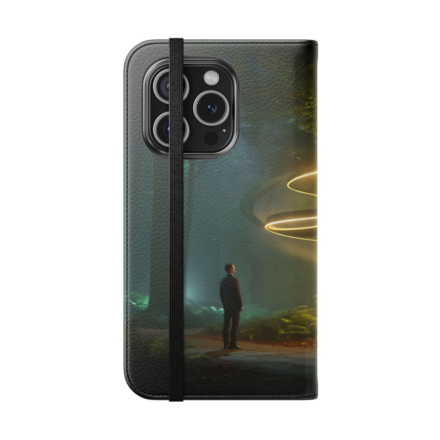 Luminous Spiral Forest Flip Cases – Golden Light Rings Mystery Scene