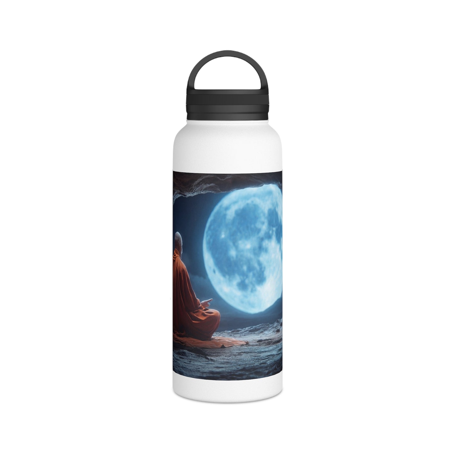 Moonlit Meditation Monk Stainless Steel Water Bottle, Handle Lid – Silent Stillness Under Celestial Glow