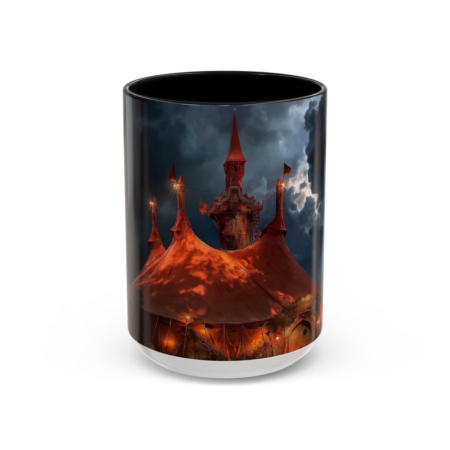Crimson Circus Tent Accent Coffee Mug (11, 15oz) – Neon Nightscape Under Thunderclouds