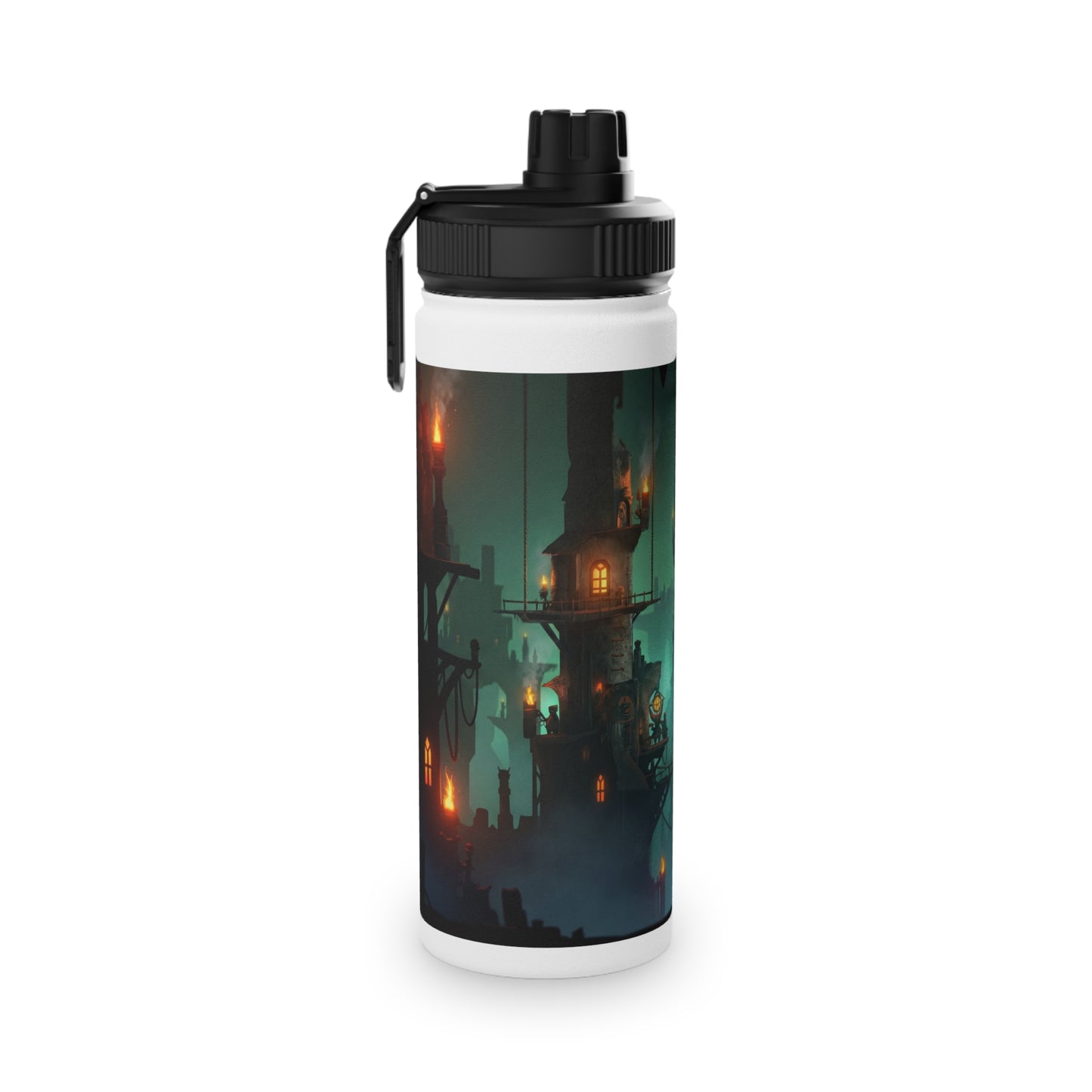 Floating City at Dusk Stainless Steel Water Bottle, Sports Lid – Amber Lanterns Over Misty Skyline