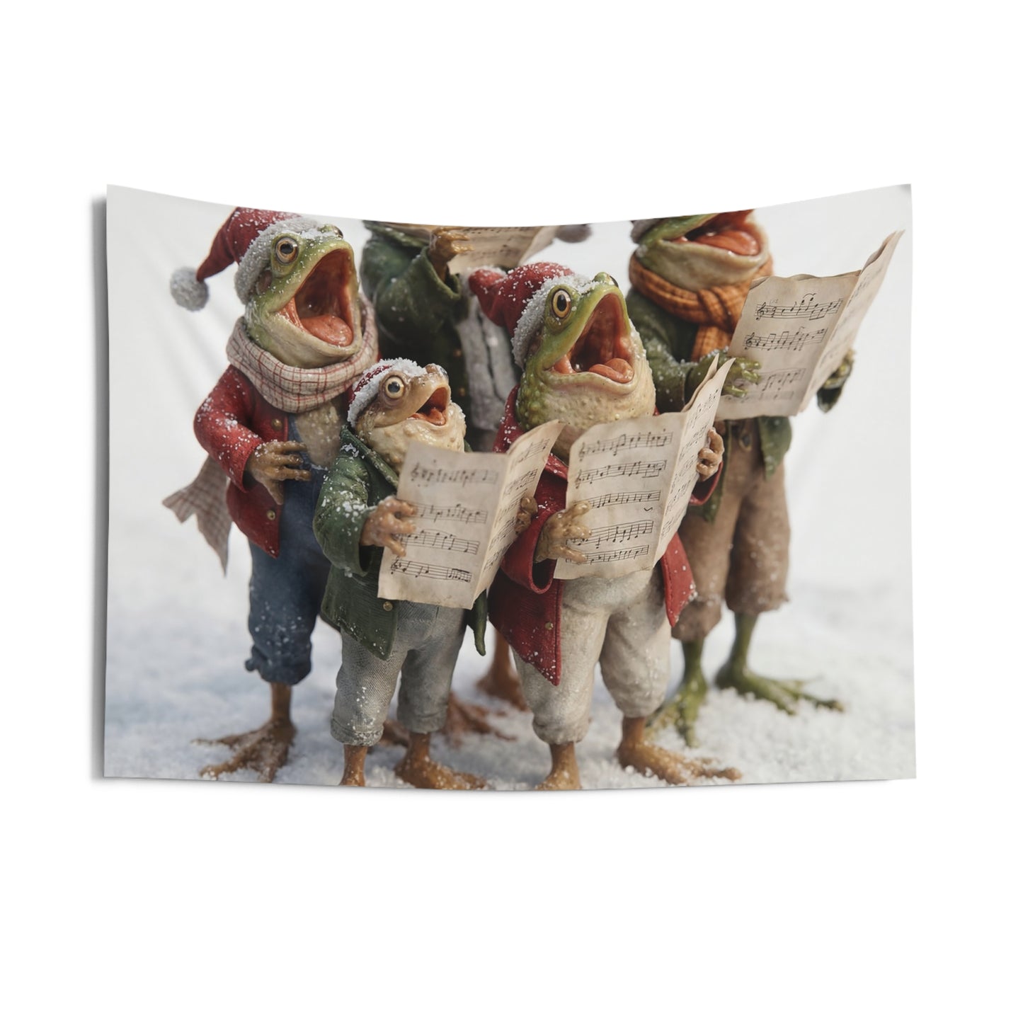 Frogs in Snow Choir Indoor Wall Tapestries – Winter Carolers in Frosty Harmony