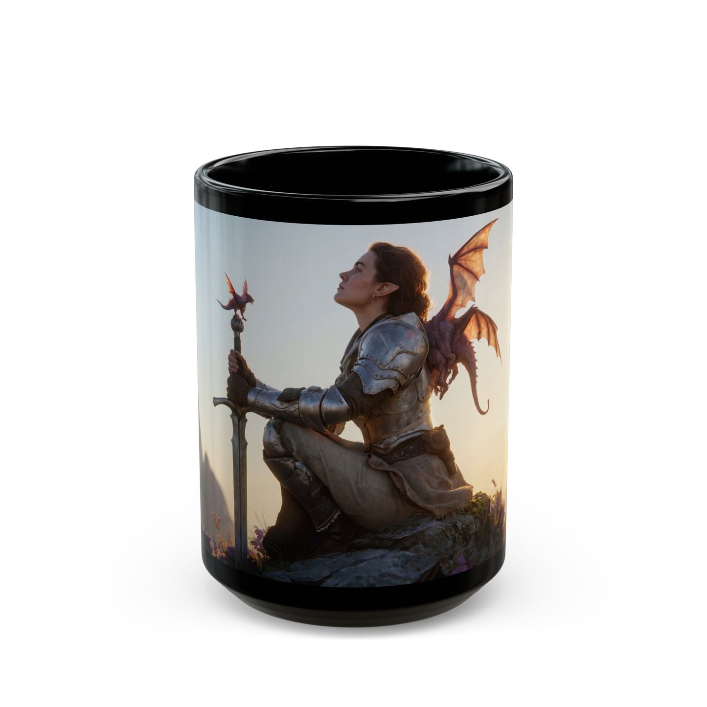 Dragon Knight and Tiny Dragon Black Mug – Sunset Sentinel Dreamscape