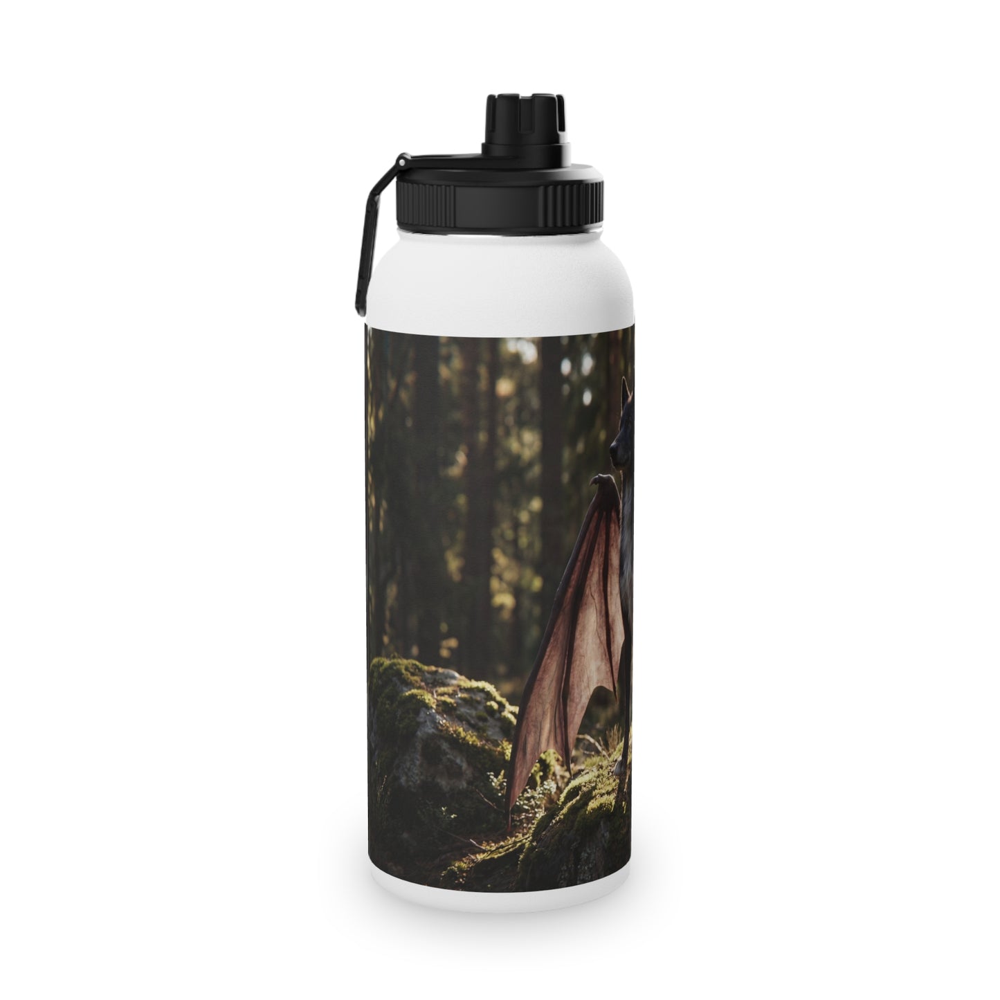 Dragon Wolf in the Sunlit Woods Stainless Steel Water Bottle, Sports Lid – Guardian of the Mossy Glade