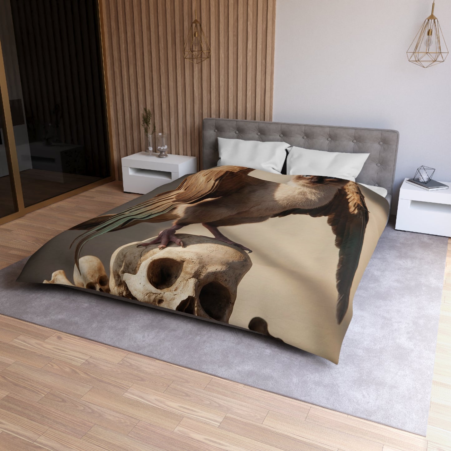 Winged Siamese Sentinel Microfiber Duvet Cover – Sunlit Bone Throne Dreamscape